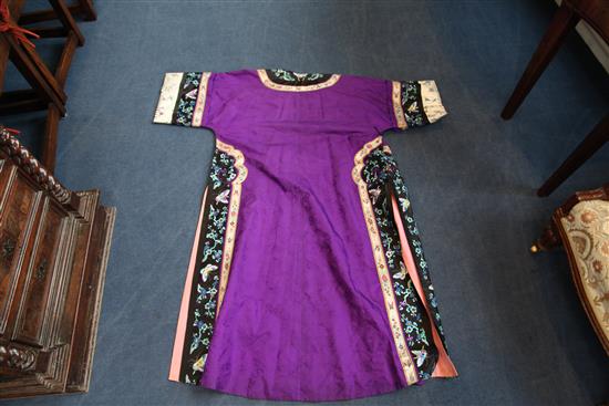 A Chinese embroidered purple satin robe, drop 4ft 6in approx.